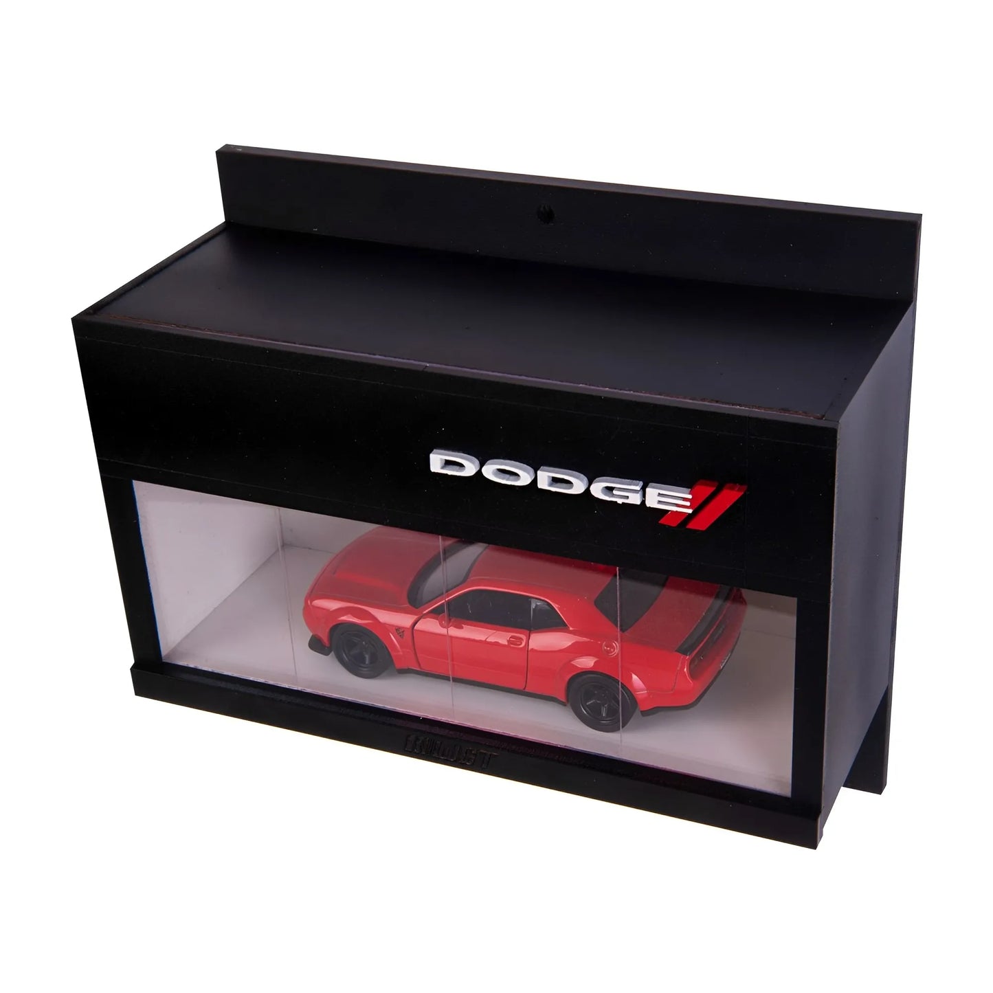 Black wall-mounted key hook rack with clear front display case holding a red scale model Dodge car and white Dodge logo on.