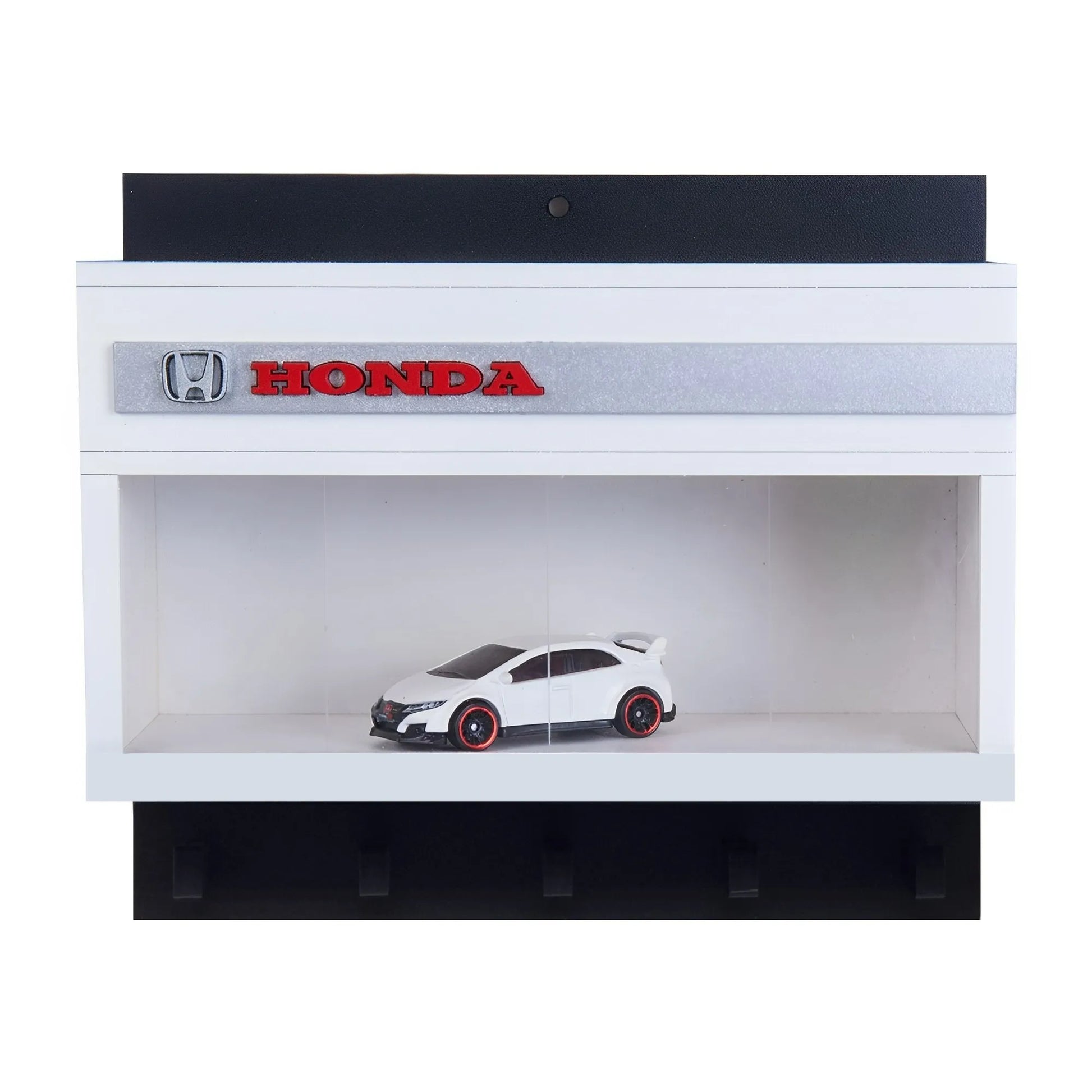 Honda Wall Key Hook Rack in black and white with a red Honda logo and a white scale model car displayed inside.