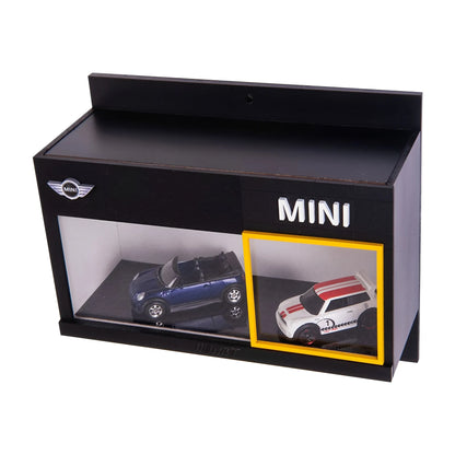 Black Mini wall key hook rack with two scale model cars, one dark blue and one white with red stripes inside a clear display .