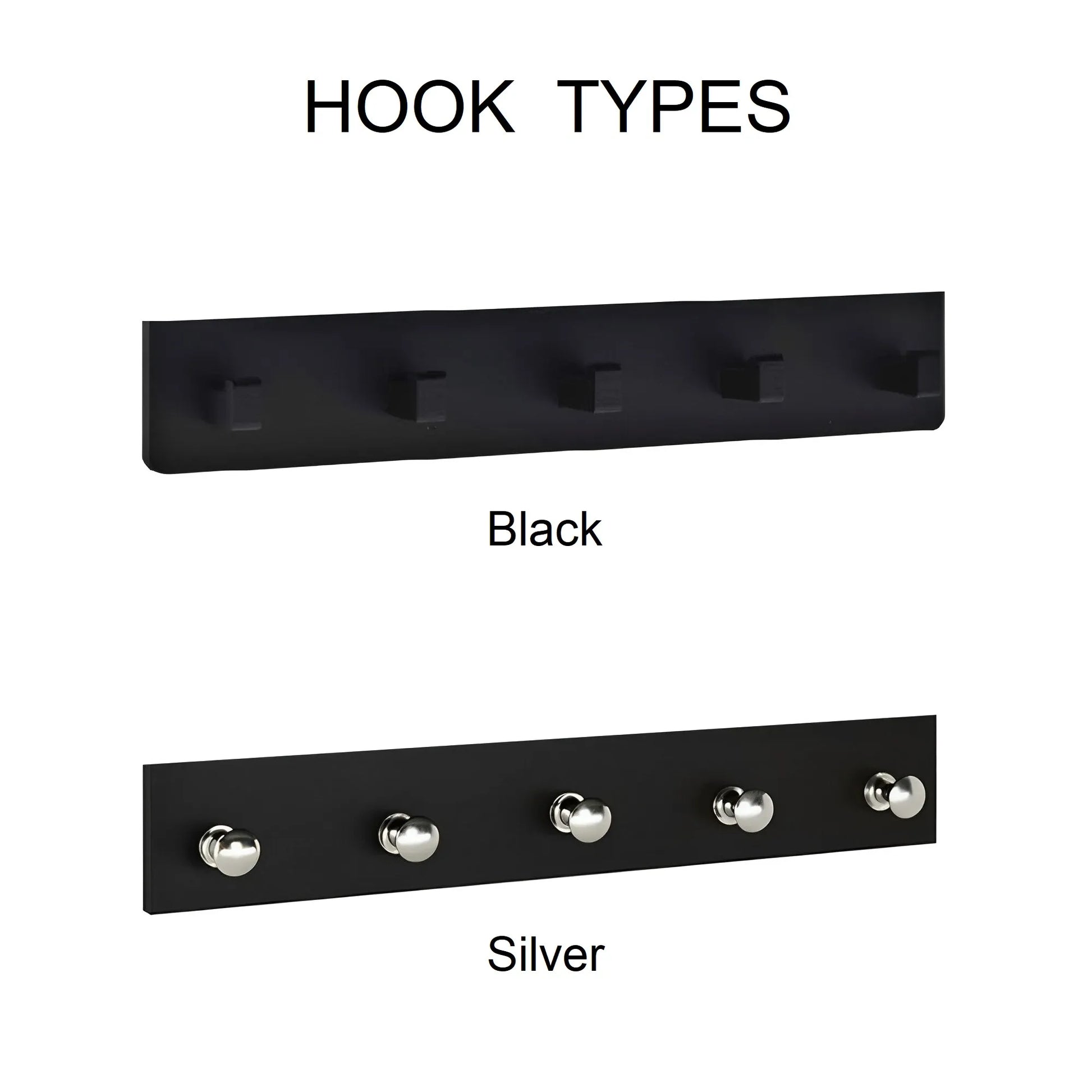 Black wall key hook rack with five square hooks and black wall key hook rack with five rounded silver hooks.
