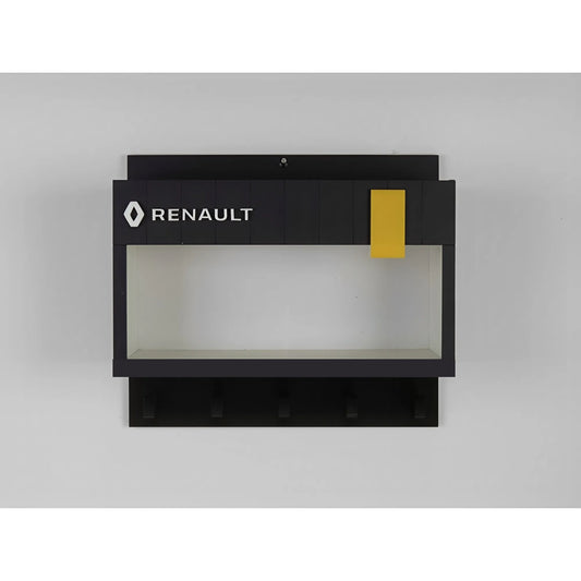Black Renault wall key hook rack with clear display case and yellow accent tab.