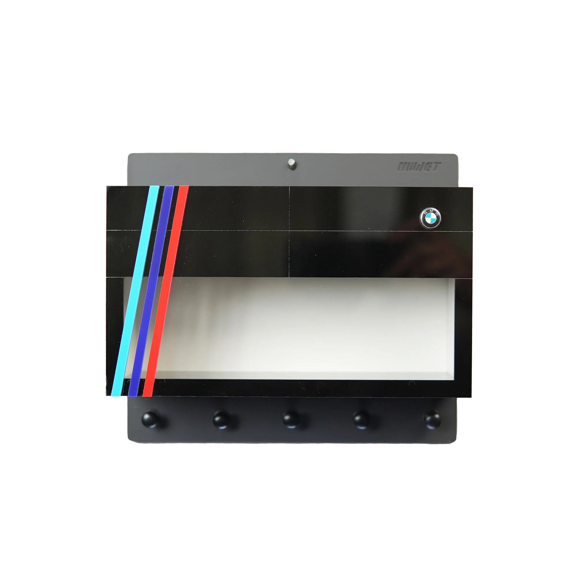 Black rectangular wall key hook rack with BMW logo, blue, purple, and red stripes, and four black hooks.