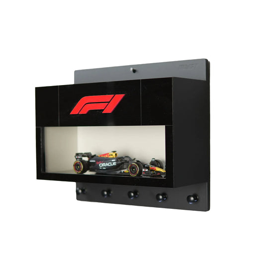 Black wall-mounted key hook rack with transparent display case featuring a Formula One scale model car and red F1 logo.