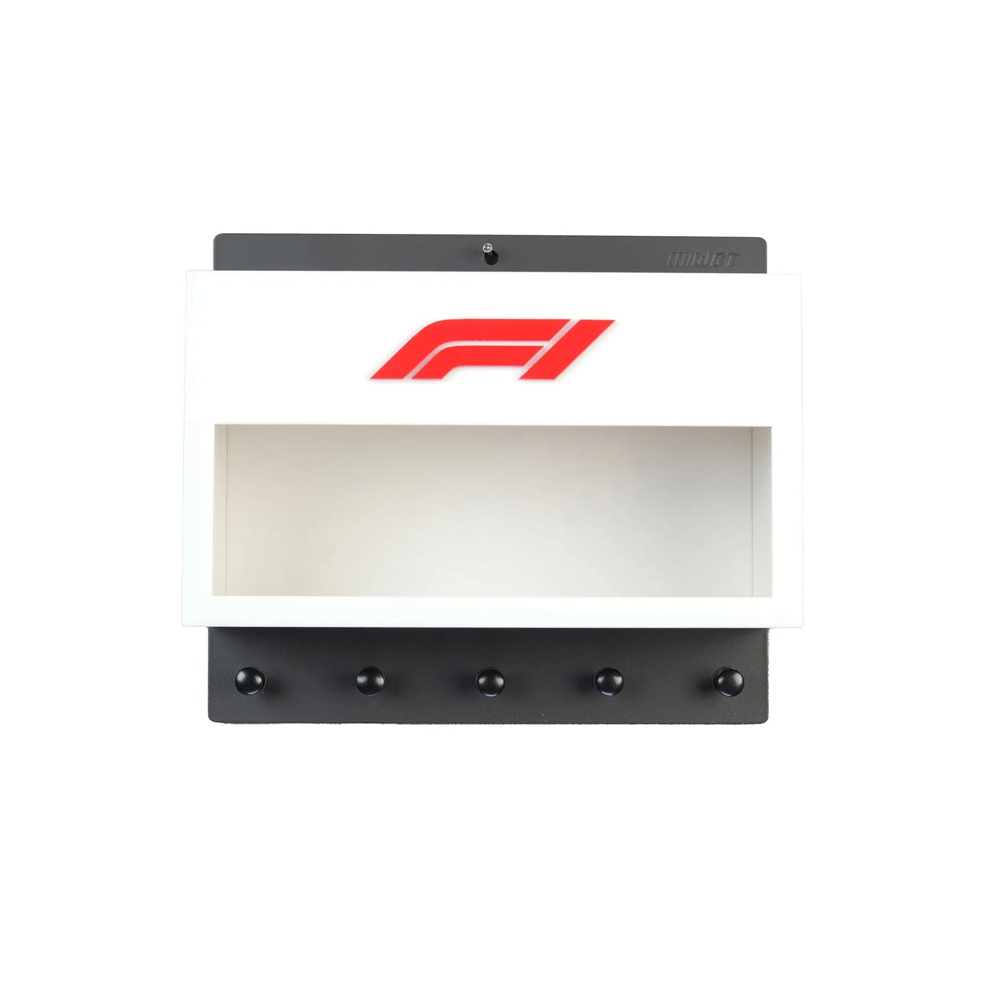 White rectangular wall hook rack with red F1 logo, clear display case, and five black hooks below.