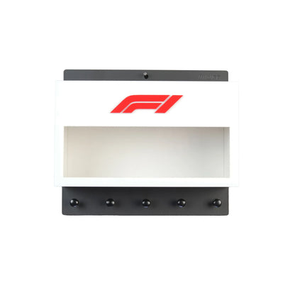 White rectangular wall hook rack with red F1 logo, clear display case, and five black hooks below.