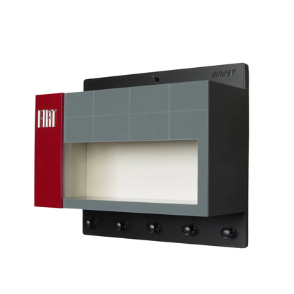 Black and gray Fiat wall key hook rack with three hooks and red accent panel on left side.