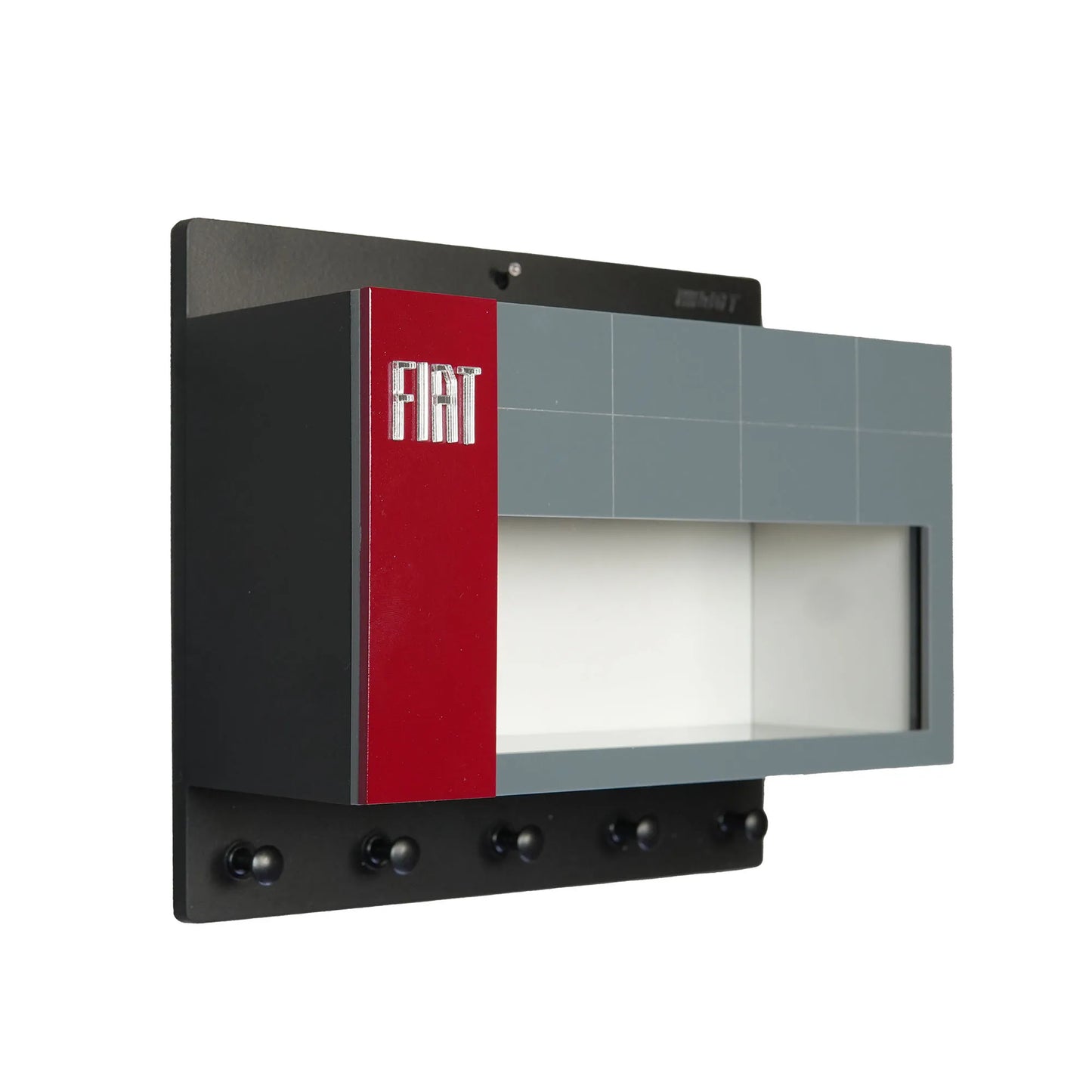 Fiat wall key hook rack with red and gray scale model car display case and five black hooks.