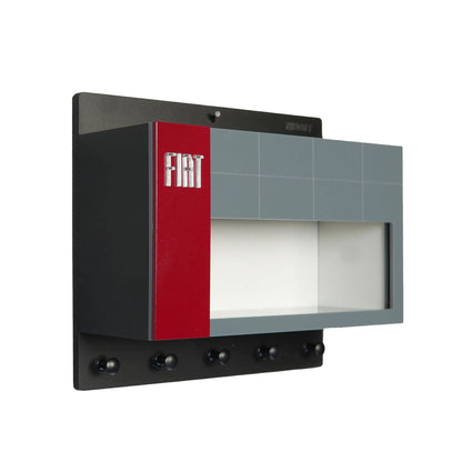 Fiat wall key hook rack with red and gray scale model car display case and five black hooks.