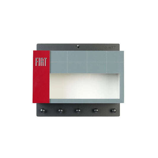 Wall-mounted Fiat key hook rack with red and gray scale model car display case and five black hooks.