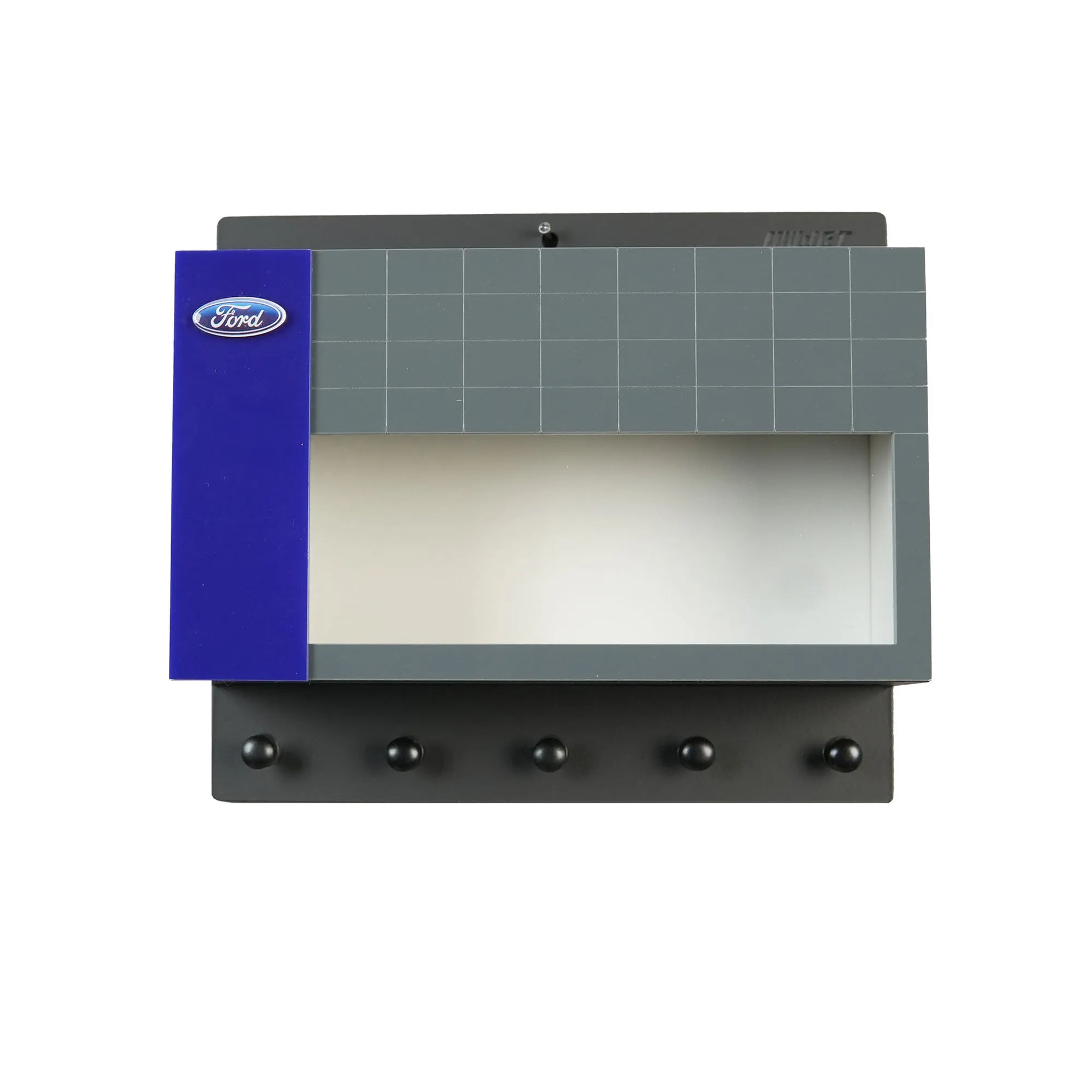 Gray and blue wall-mounted key hook rack with five black hooks and a rectangular display case.
