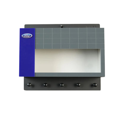 Gray and blue wall-mounted key hook rack with five black hooks and a rectangular display case.