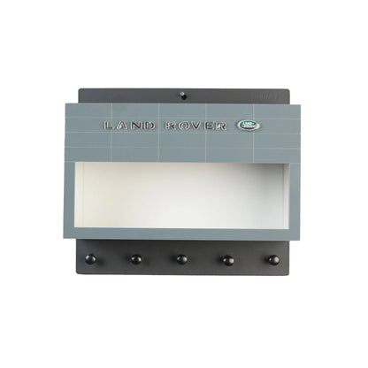 Gray rectangular Land Rover wall key hook rack with five black metal hooks and a display case top section.