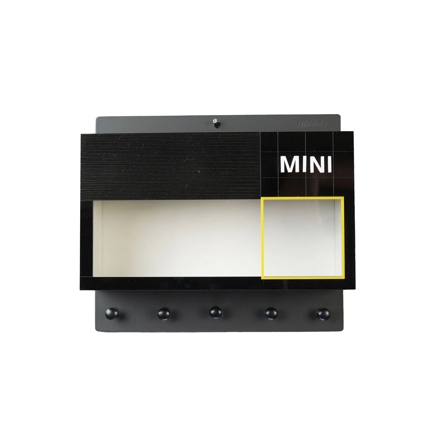 Black wooden wall rack with four key hooks and a display case labeled "MINI" in white letters.