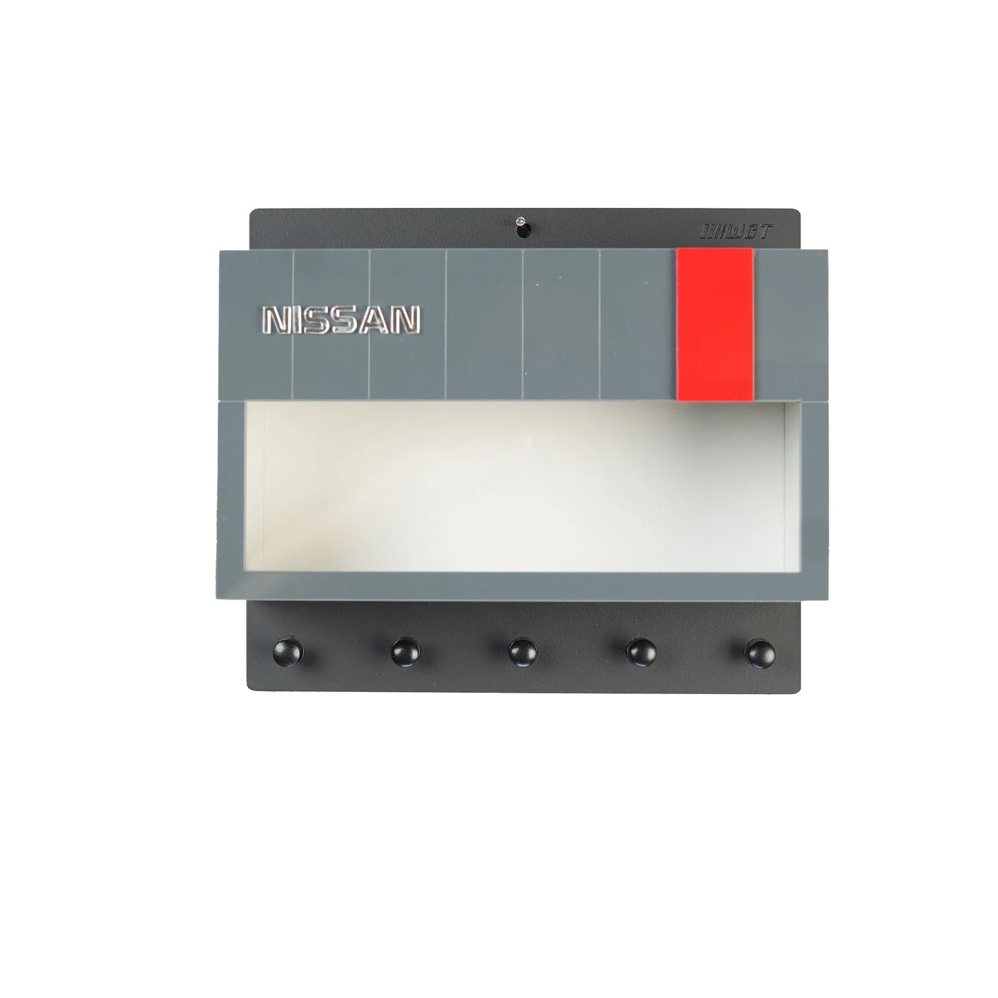 Gray and red Nissan-themed wall key hook rack with four black hooks and open display shelf.