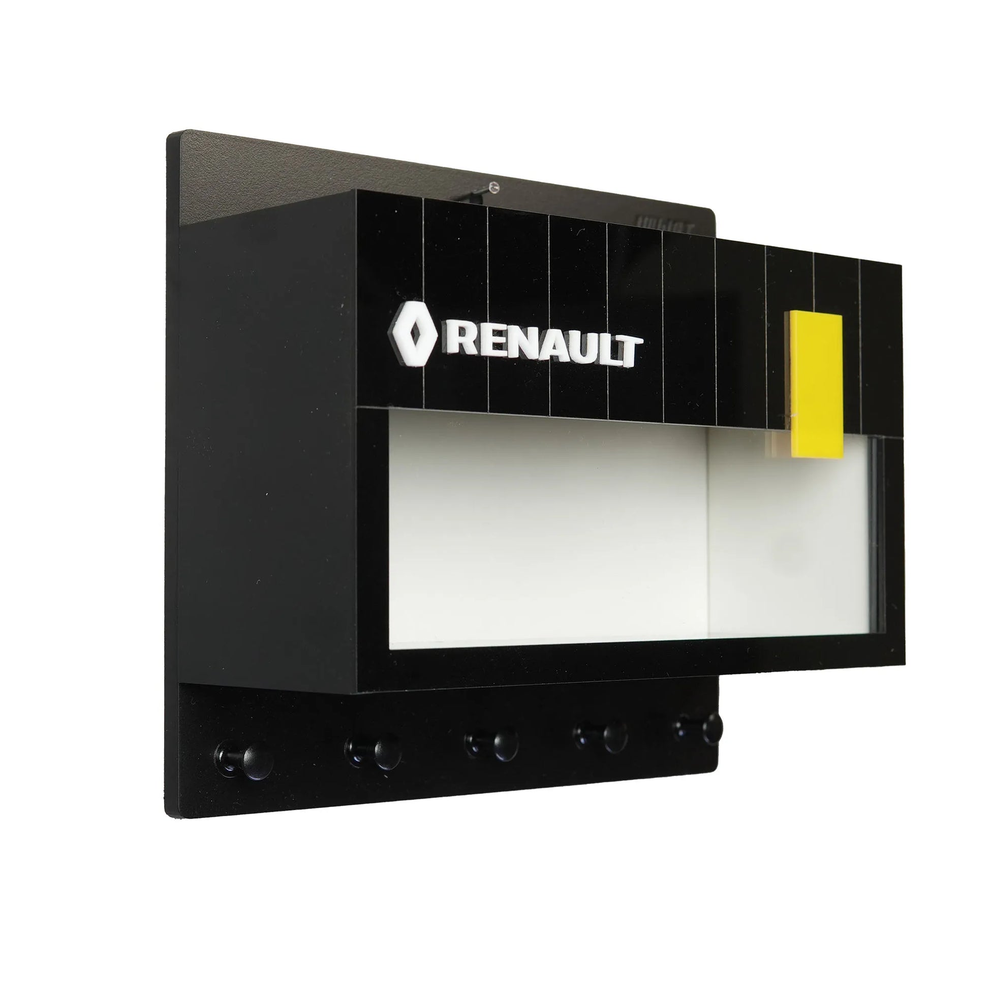 Black rectangular Renault wall key hook rack with white logo, yellow accent, and five hooks at the bottom.