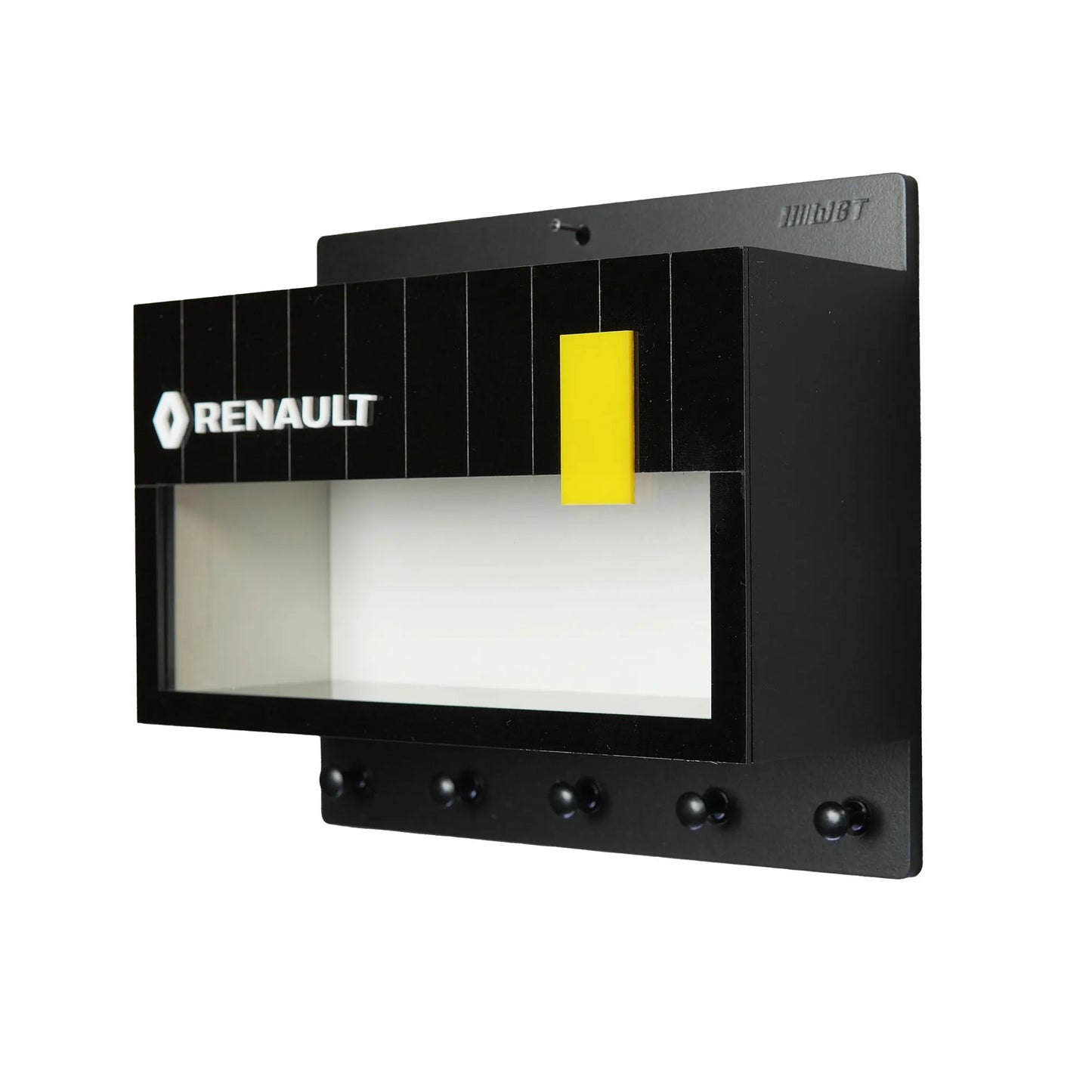 Black Renault wall key hook rack with scale model car display case and four hooks beneath.