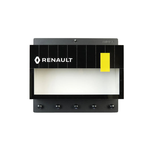 Black Renault wall key hook rack with glass scale model car display case and four key hooks.