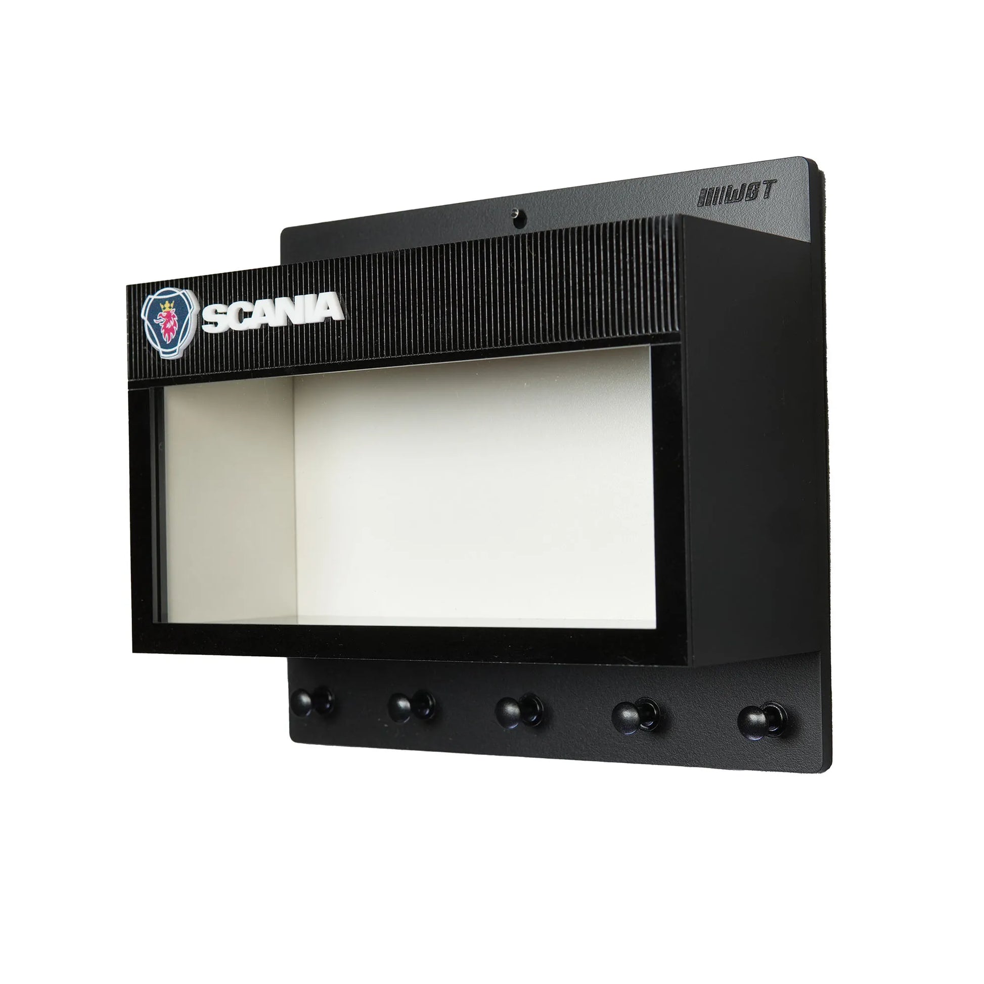 Black Scania wall key hook rack with open display case and five round hooks.