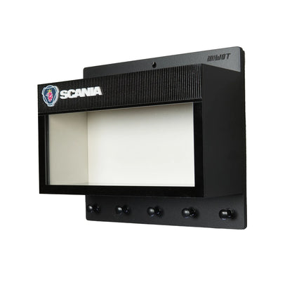 Black Scania wall key hook rack with open display case and five round hooks.