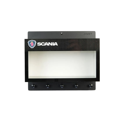 Black Scania wall key hook rack with five hooks and logo badge on top panel.