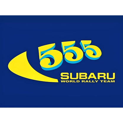 Blue Subaru key holder with yellow "555" logo and "Subaru World Rally Team" text.