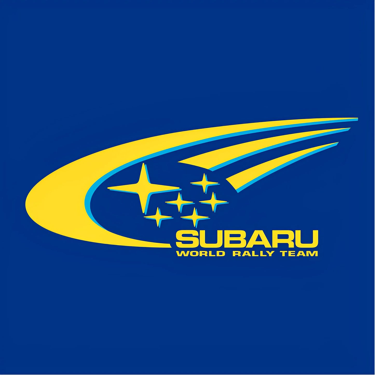 Blue rectangular wall key hook rack with yellow Subaru World Rally Team logo and four black metal hooks.